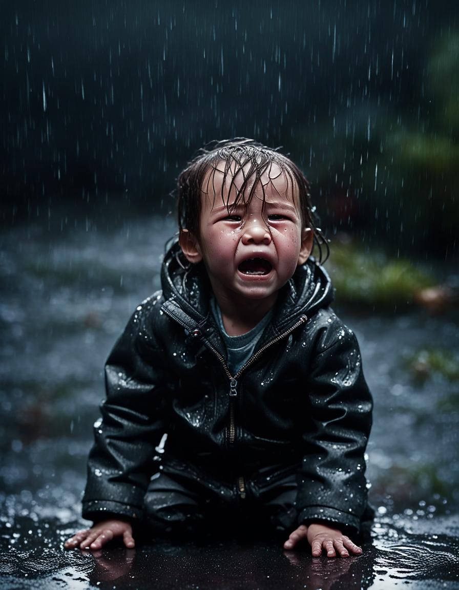 Crying Lost Child in Rain: Cinematic CGI