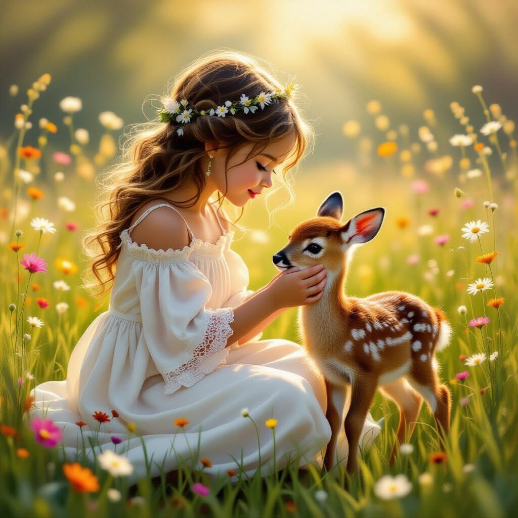Girl Feeding Deer in Meadow: Oil Painting