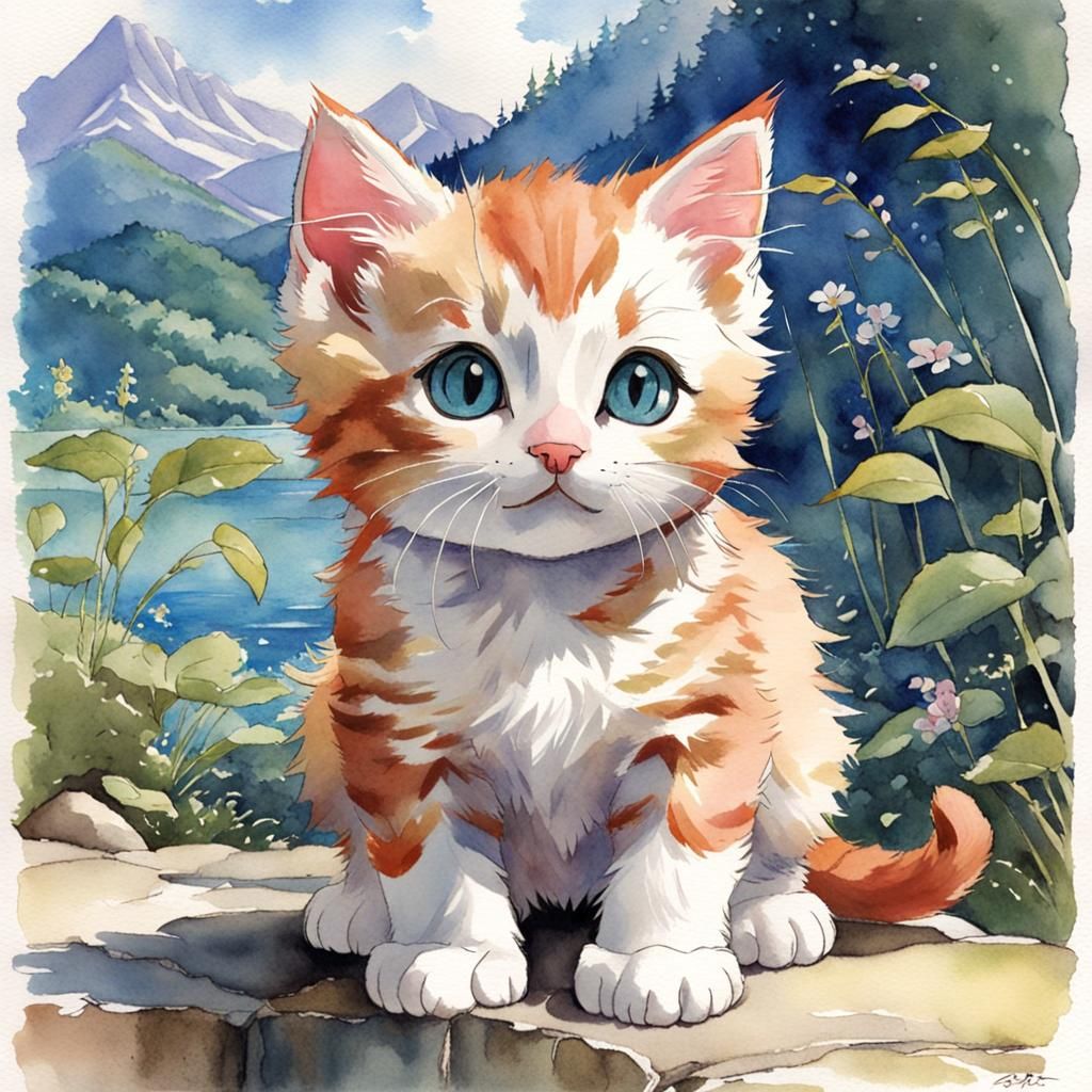 Cute Anime Kitten in Soft Watercolors