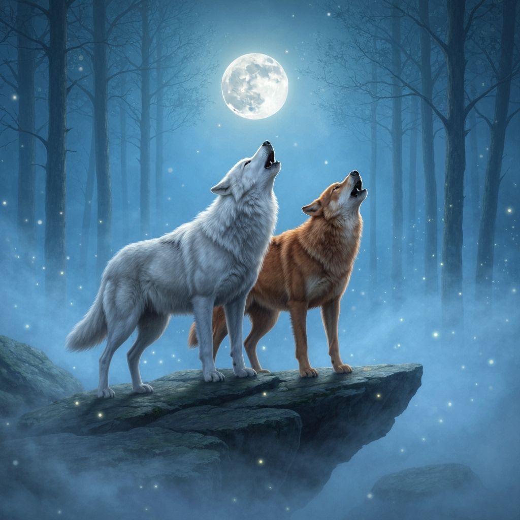 Wolves Howling at Moon in Misty Forest