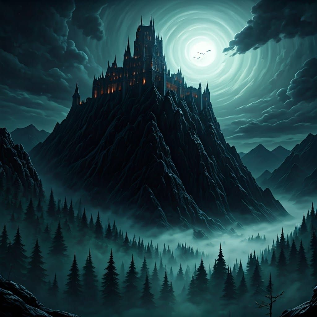 Foreboding Castle on Black Mountain in Fantasy Style