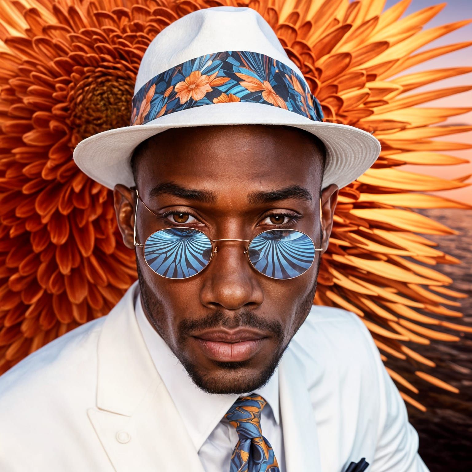 A handsome black man his face glared at you wear flowers pat...