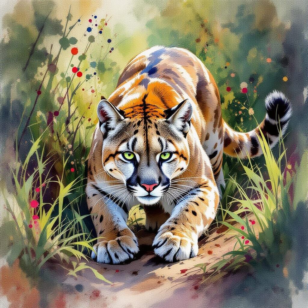 Puma About to Pounce in Watercolor Graffiti Style