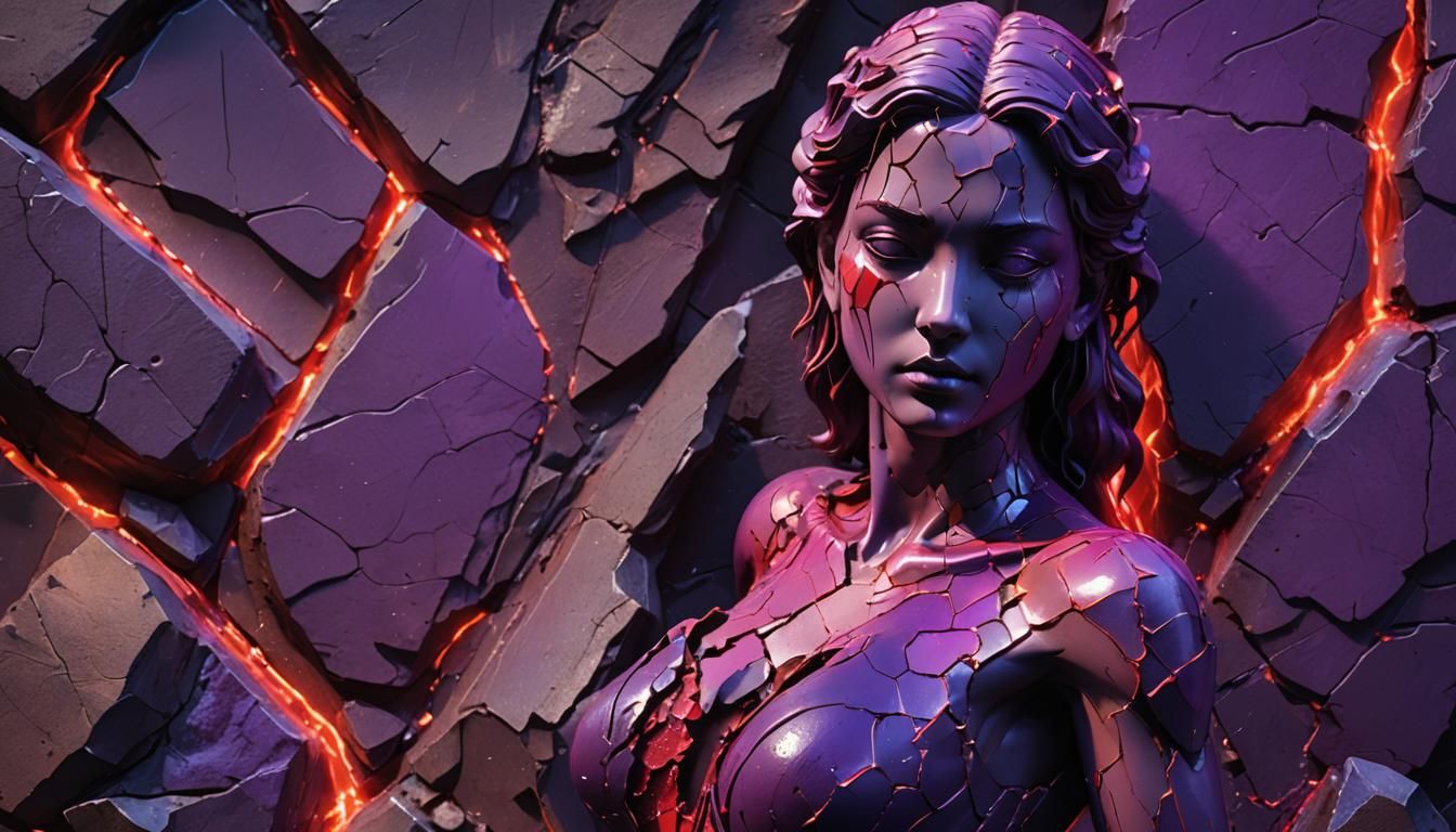 Cracked Stone Statue with Neon Aura, Anime Style