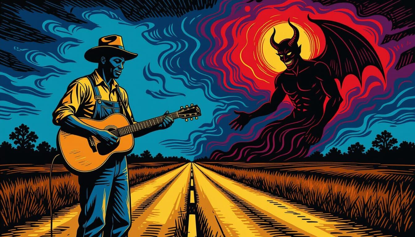 Crossroads Bargain: Bluesman and Devil in Linocut Style