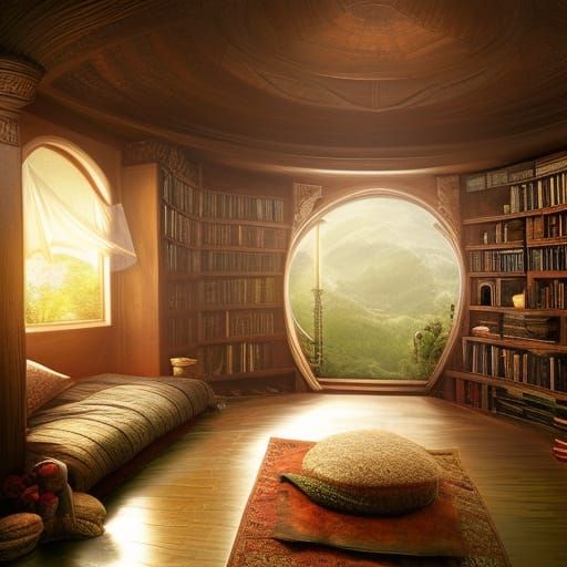 Cozy Hobbit Bedroom with Round Window, Fantasy Art