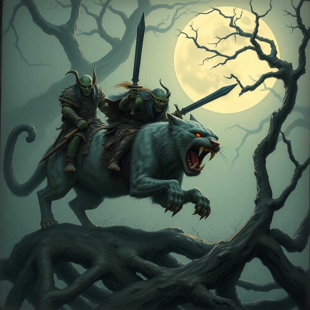 Goblin Warriors Ride Mystical Cats Through Moonlit Forest