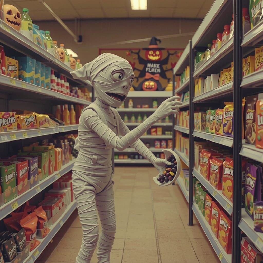 Mummy Buys Halloween Candy in Claymation Style
