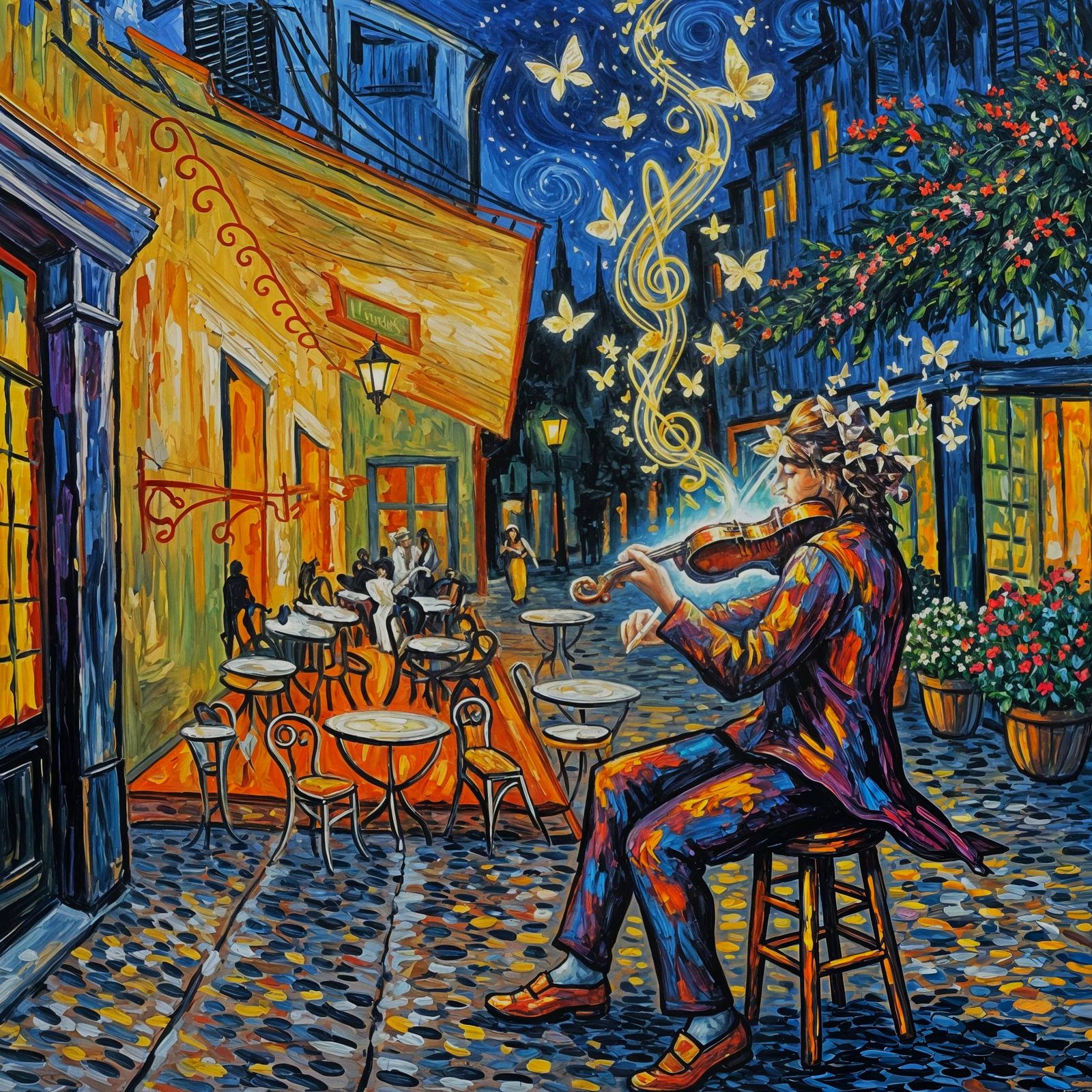 Glowing Violin Creates Butterflies: Neo-Impressionist Italia...