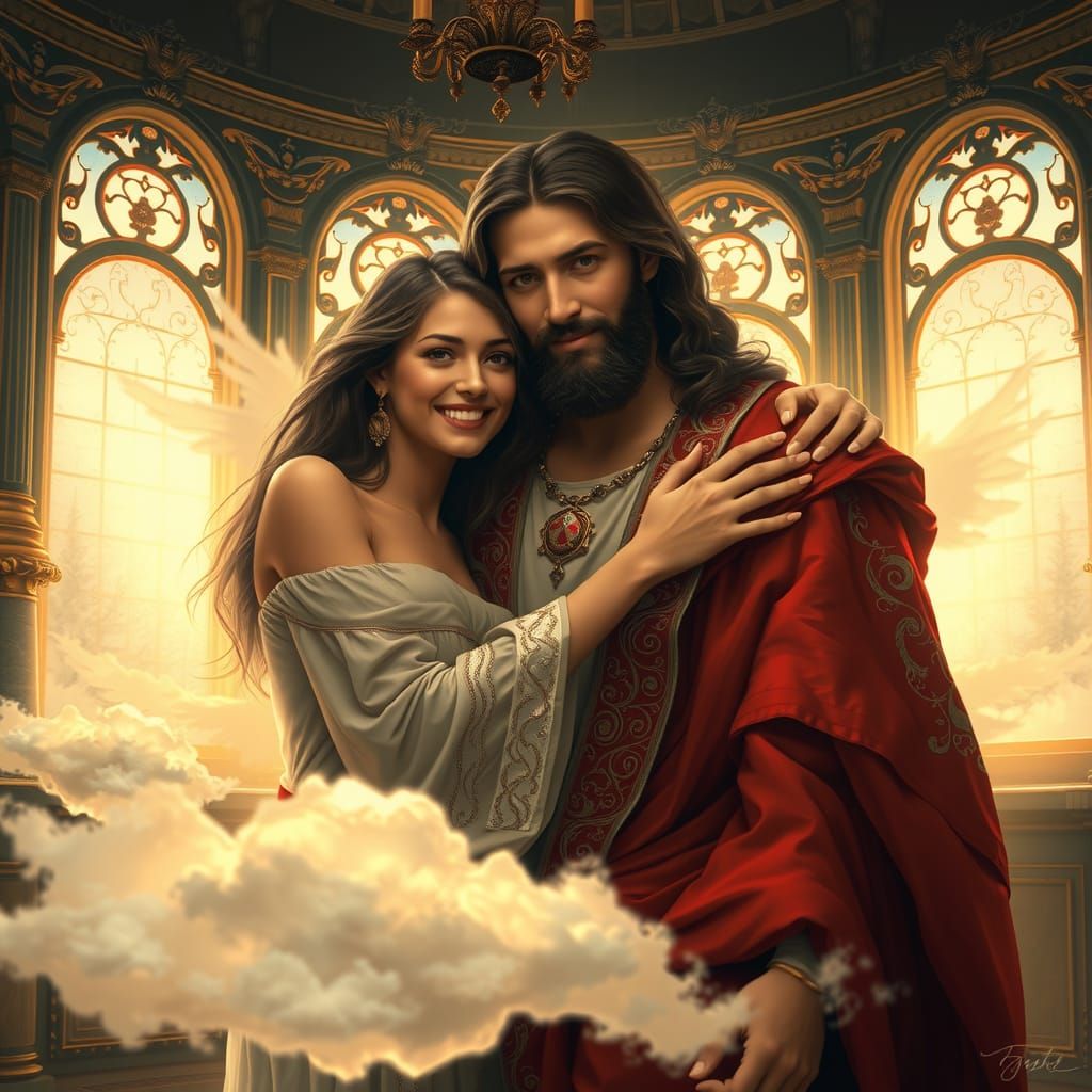Woman Embracing Jesus in Celestial Light