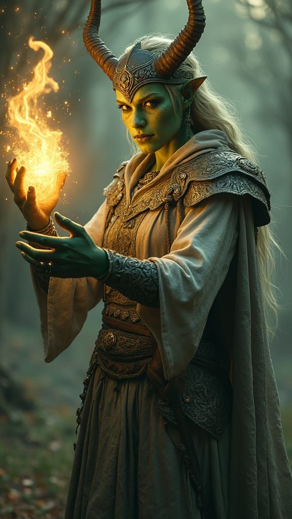 Ethereal Half-Orc Sorceress in Dark Fantasy Attire