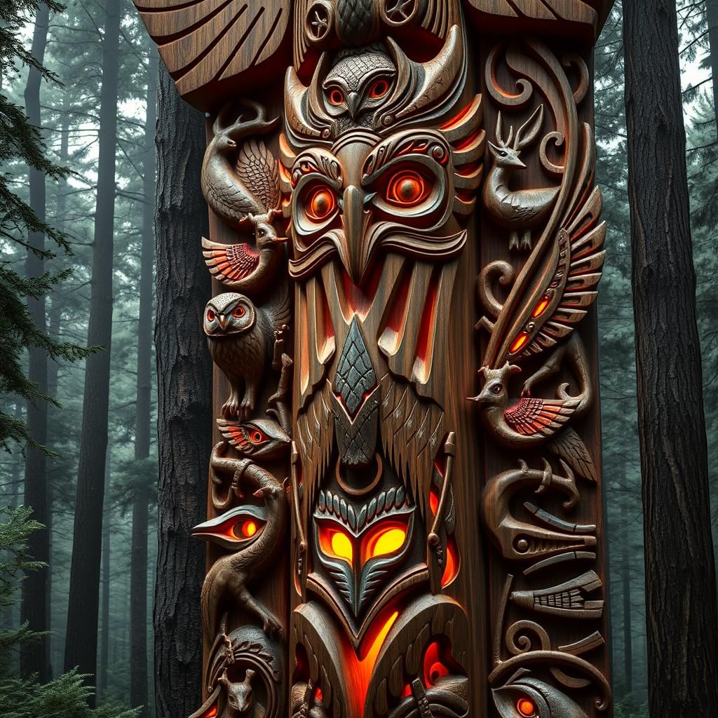 Mystical Hand-Carved Totem Pole in Digital Realm