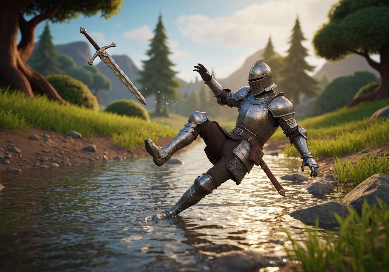 Knight's Mishap Crossing Stream in Hyper-Realistic 3D Style