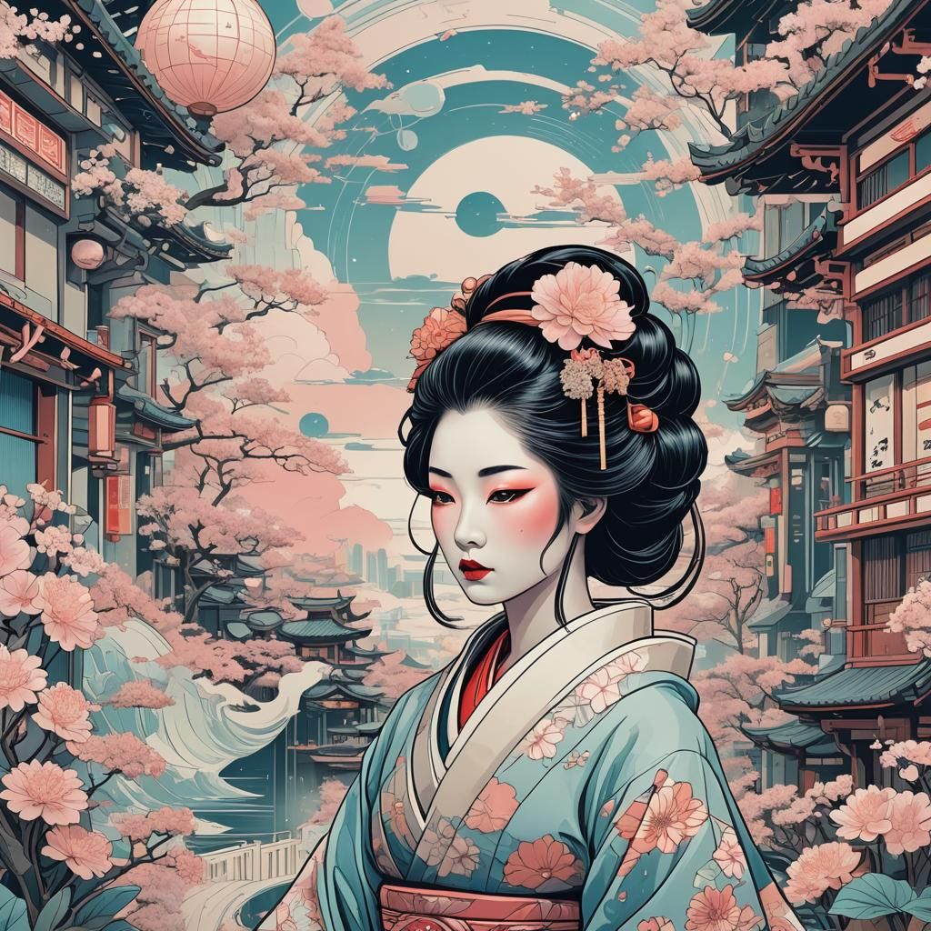 Geisha in Futuristic World: Comic Style Illustration