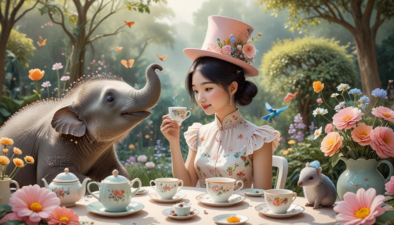 Whimsical Tea Party with Animals in Watercolor Style