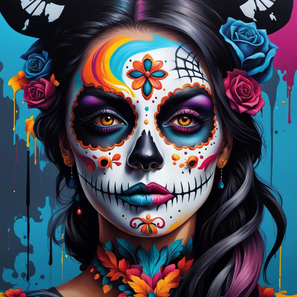 Woman in Día de los Muertos Makeup, Graffiti Art