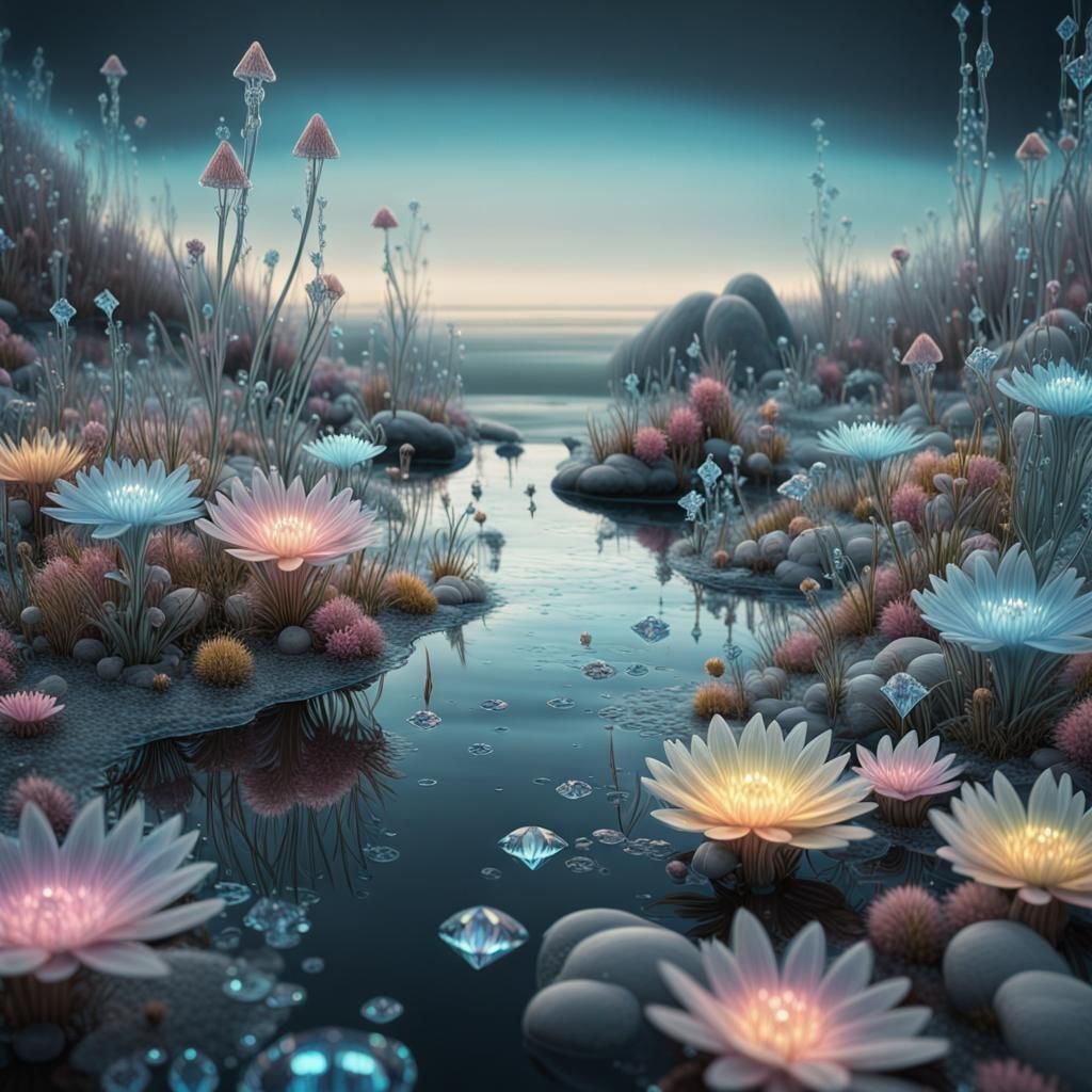 Bioluminescent Diamond Waterdrop in a Pastel Landscape