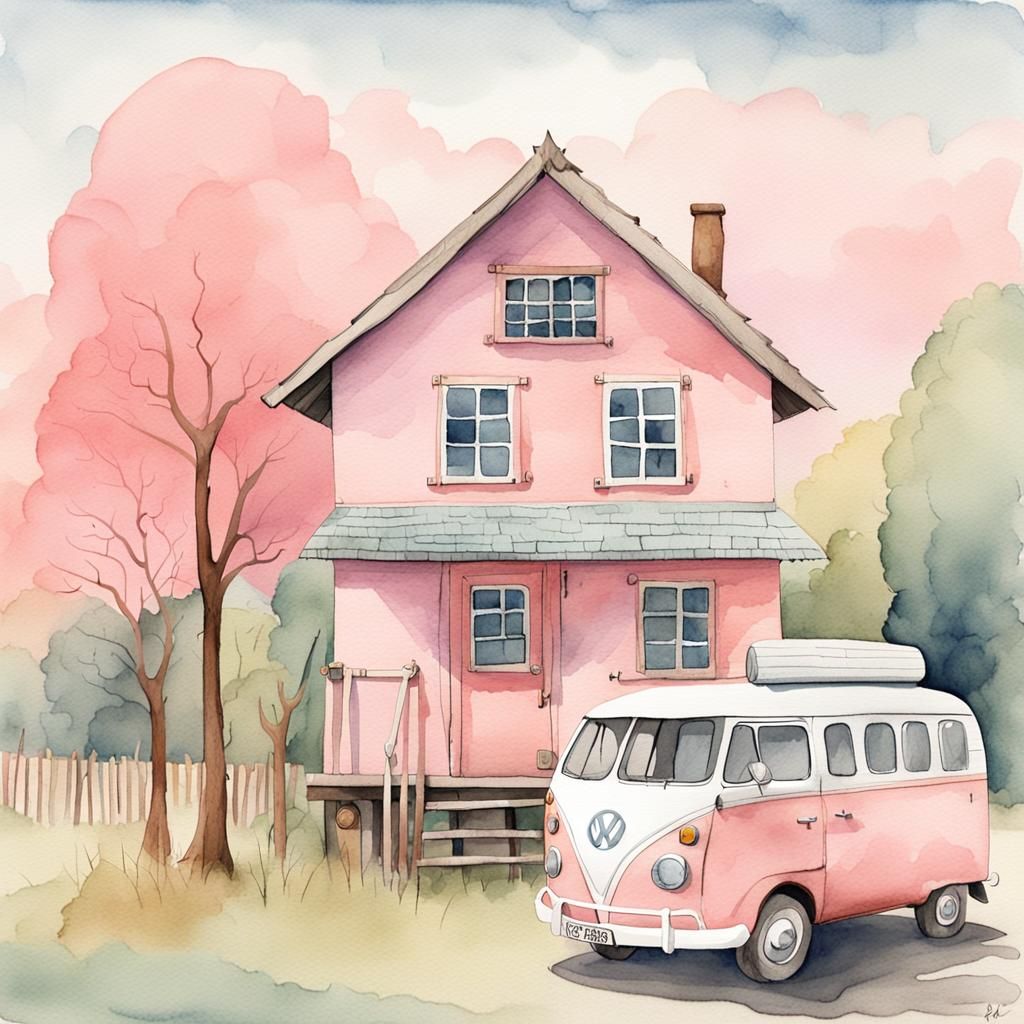 Whimsical Old House with VW Van Watercolor