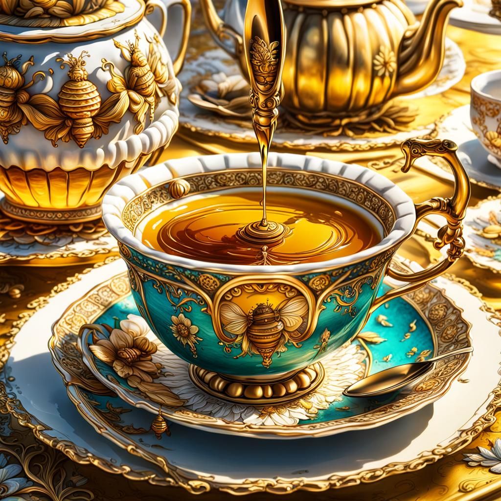 Golden Honey Dripping into Tea Cup