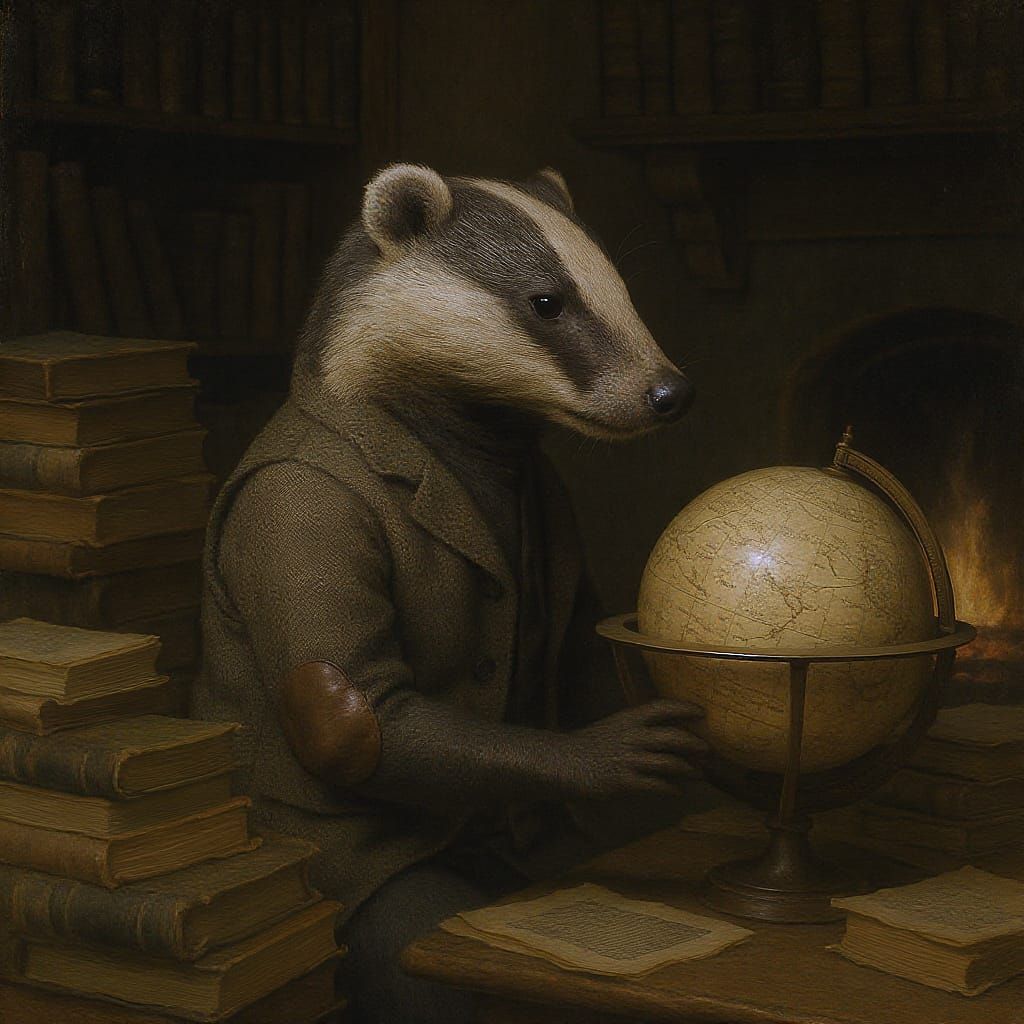Badger Scholar Studying Celestial Globe in Earth Tones