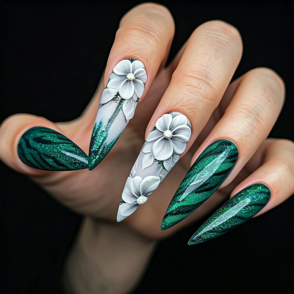 Emerald and White Stiletto Nails with 3D Floral Art