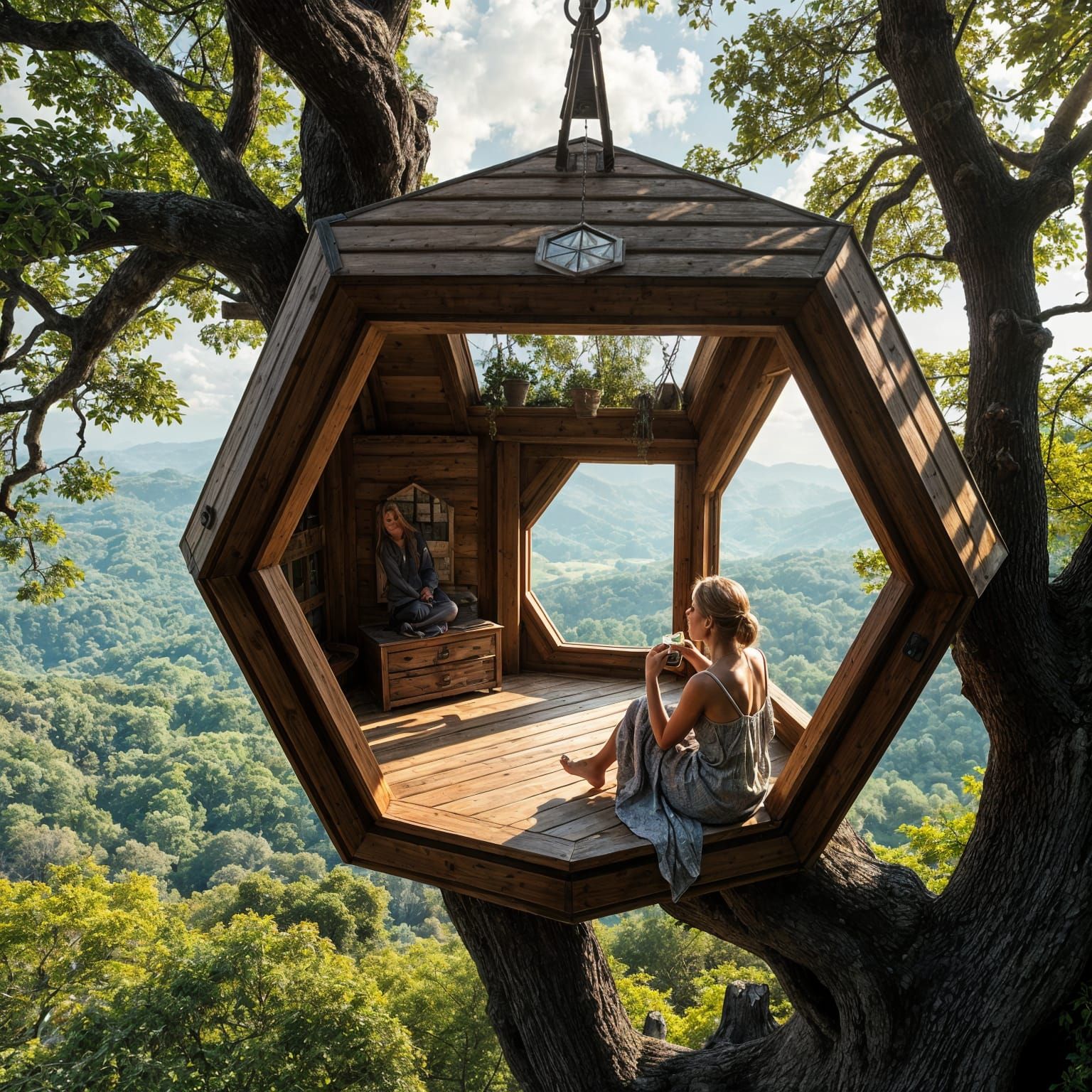 Hyperrealistic Wooden Treehouse with Stunning View