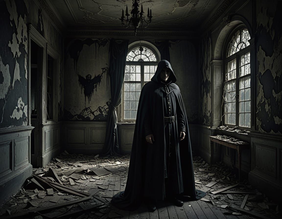 Ethereal Gothic Figure in a Haunting Abandoned Space