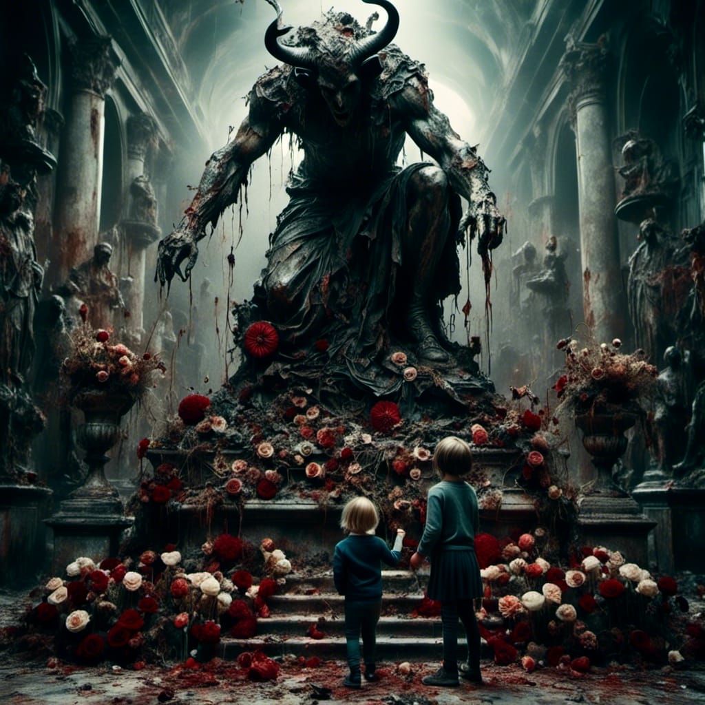 Children Honor Satan Statue: Macabre Hyperrealism