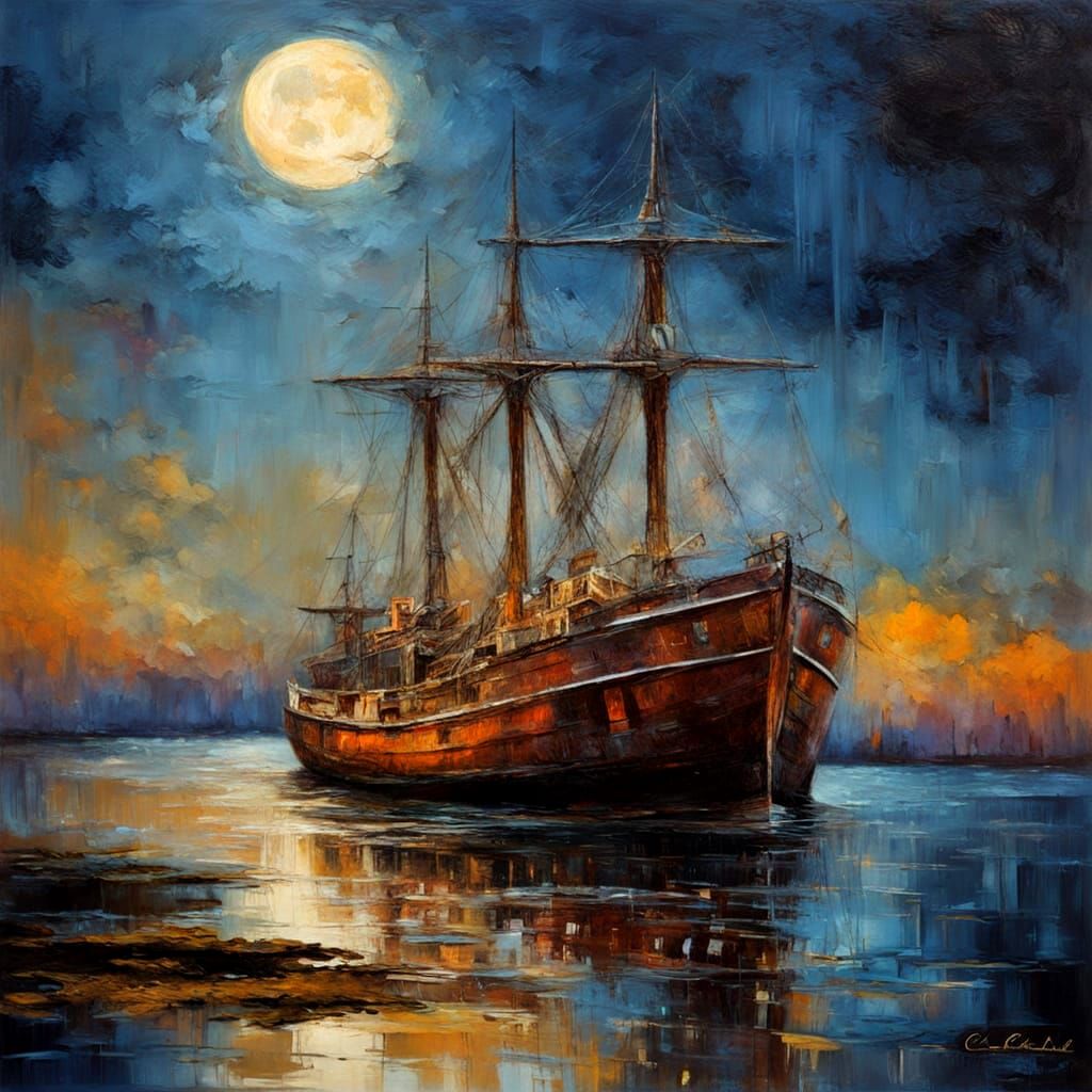 Weathered Ship Under Full Moonlit Night in Oil Painting Styl...