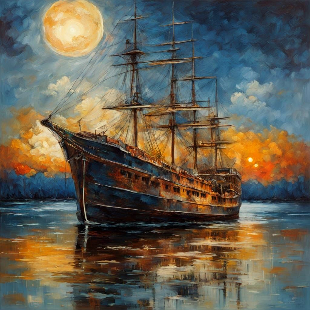 Weathered Ship Under Luminous Full Moon in Oil Painting Styl...