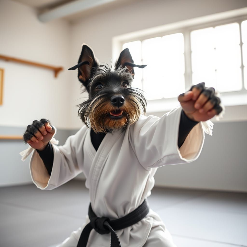 Schnauzer Dog Mid-Strike in Karate Gi, Street Photography
