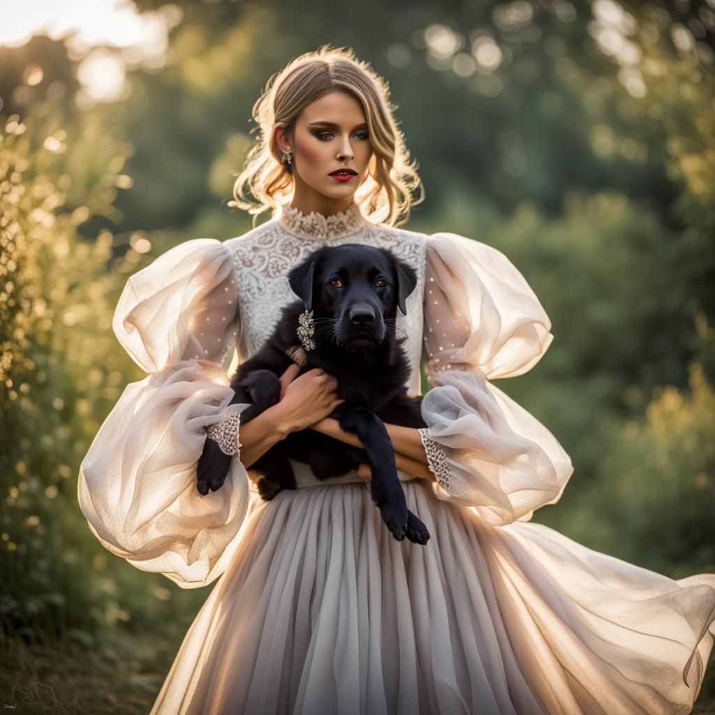 Woman Petting Three-Headed Dog in Sheer Blouse