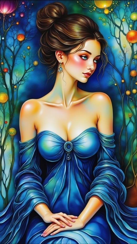 Young Woman in Serene Blue Attire, Modeled After Modigliani