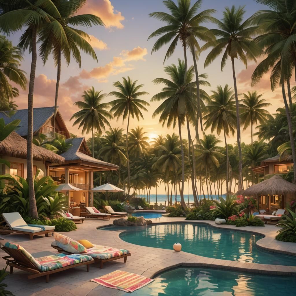 Caribbean Bungalow on Beach in Tropical Art Style