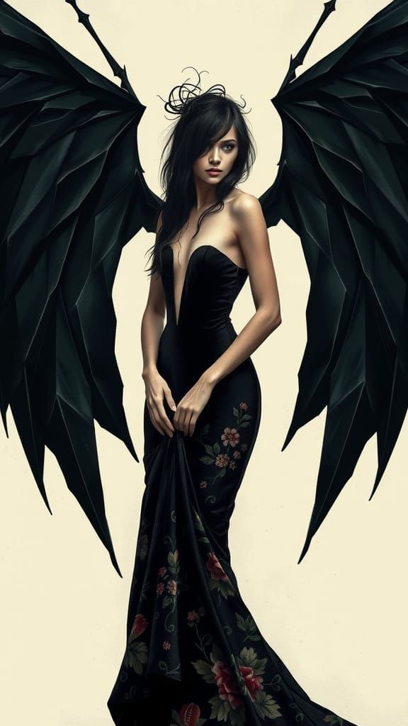 Mysterious Woman in Cubist Gown with Geometric Wings