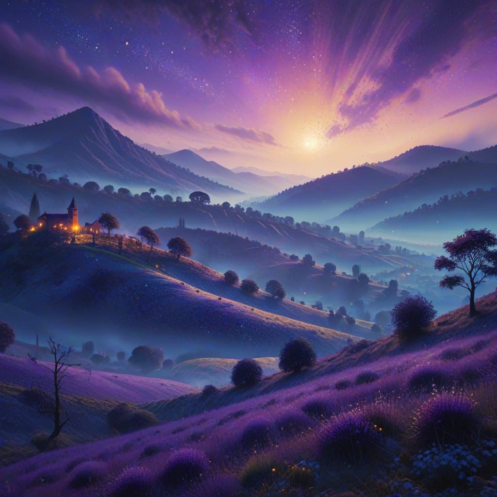 Mystical Pointillist Landscape at Twilight