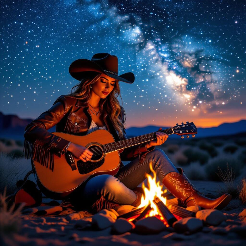 Cowgirl Strums Guitar by Campfire Under Starry Sky