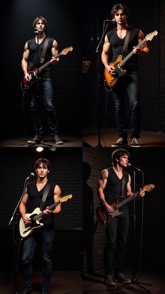 Muscular Musician Performs on Stage in Spotlight