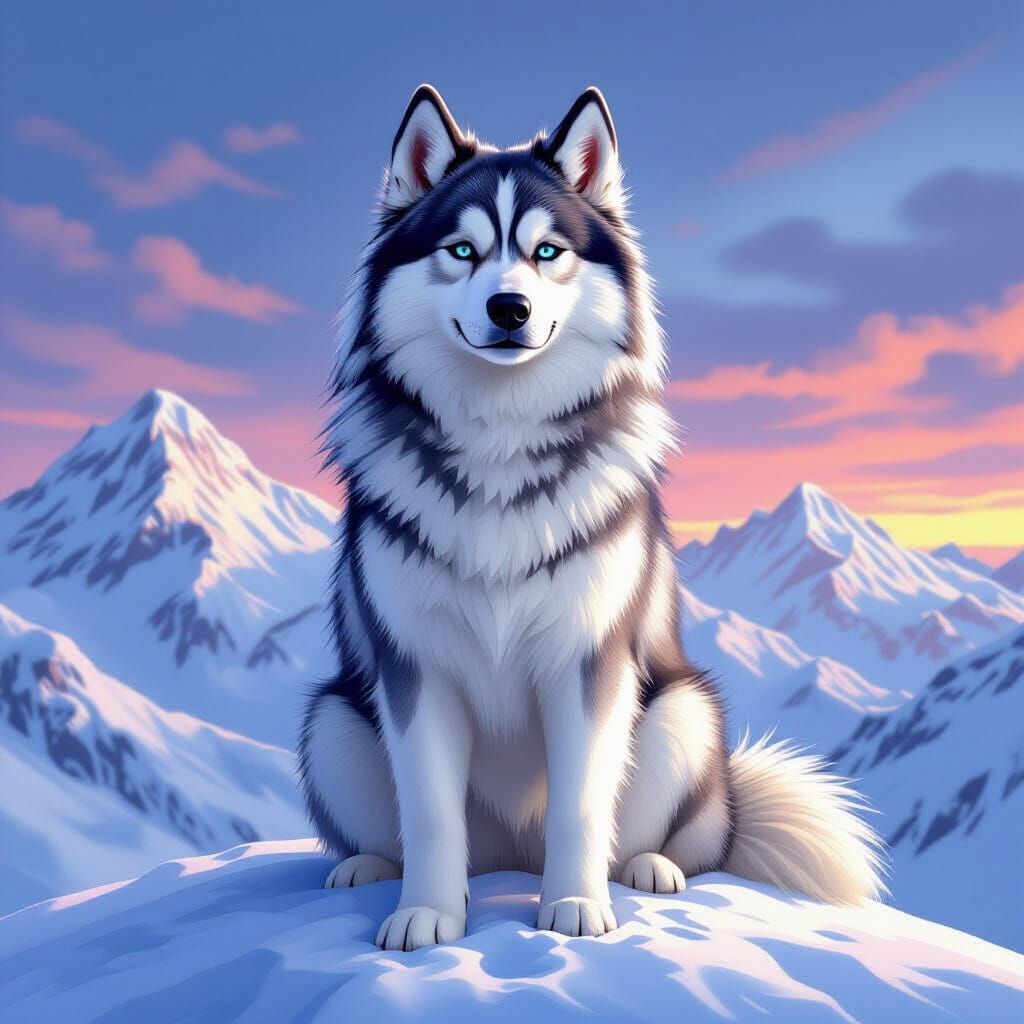 Alaskan Malamute on Snowy Peak in Realistic Style