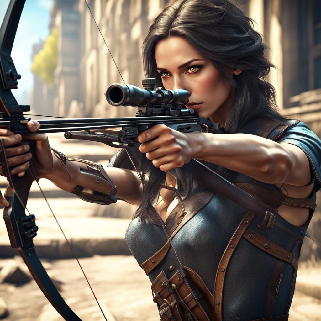 Brunette Aims Crossbow in Cinematic Street Scene