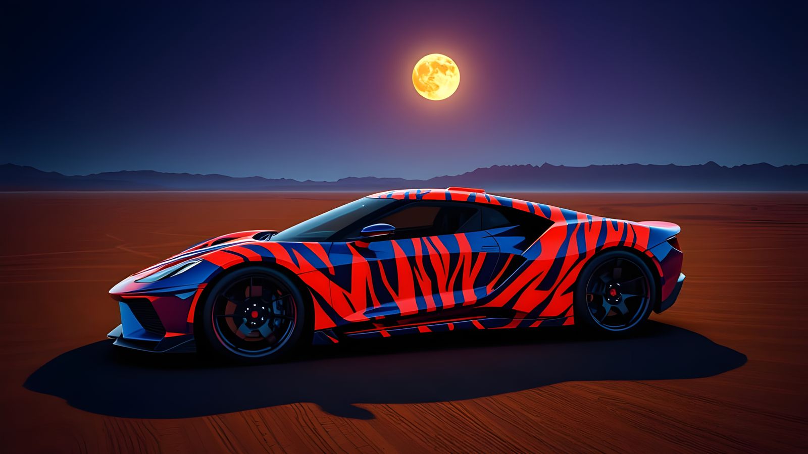 Chrome Supercar with Tiger Stripes in Desert Night