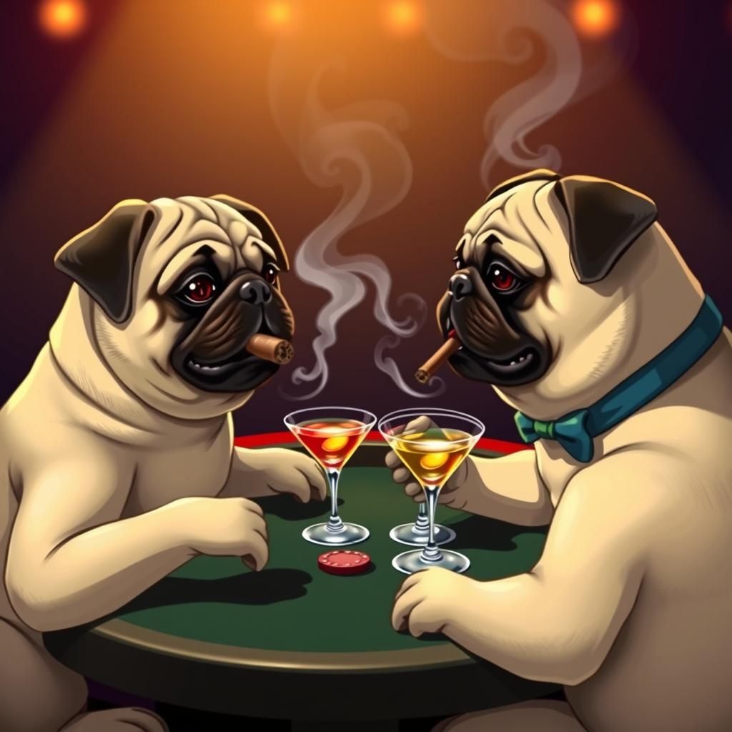 pugs playing poker smoking cigars and drinking martinis, epic masterpiece, comedic, cartoony, cute, fluffy, furry, dynam...