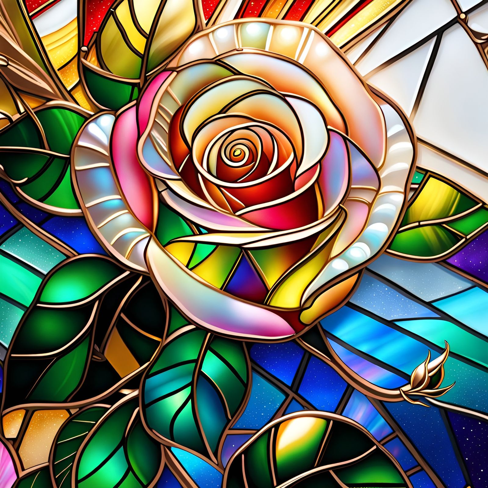 Rose in Stained Glass Art with Gold Lines