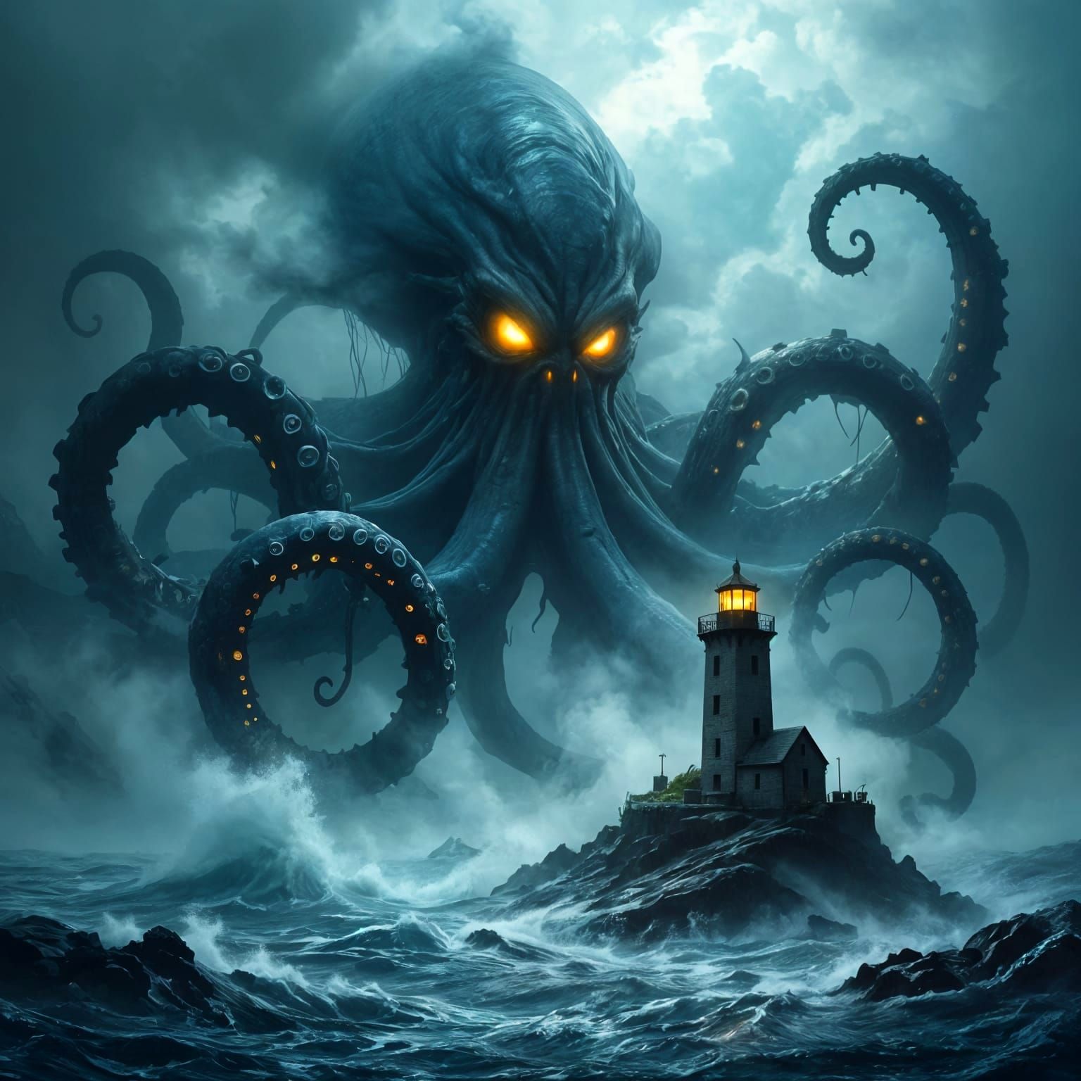 Colossal Kraken Attacks Crumbling Lighthouse in Stormy Sea