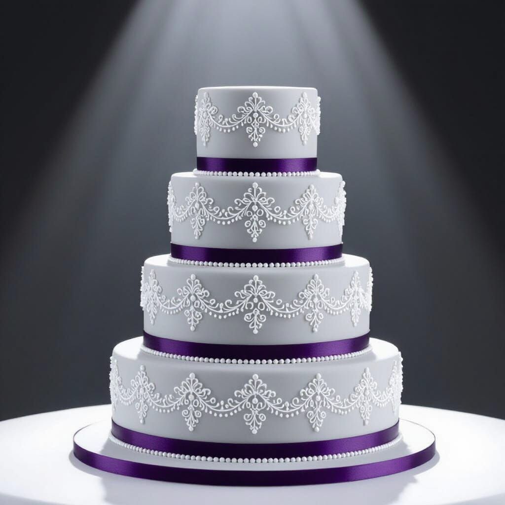 Elegant Gray Wedding Cake with Purple Trim and Filigree