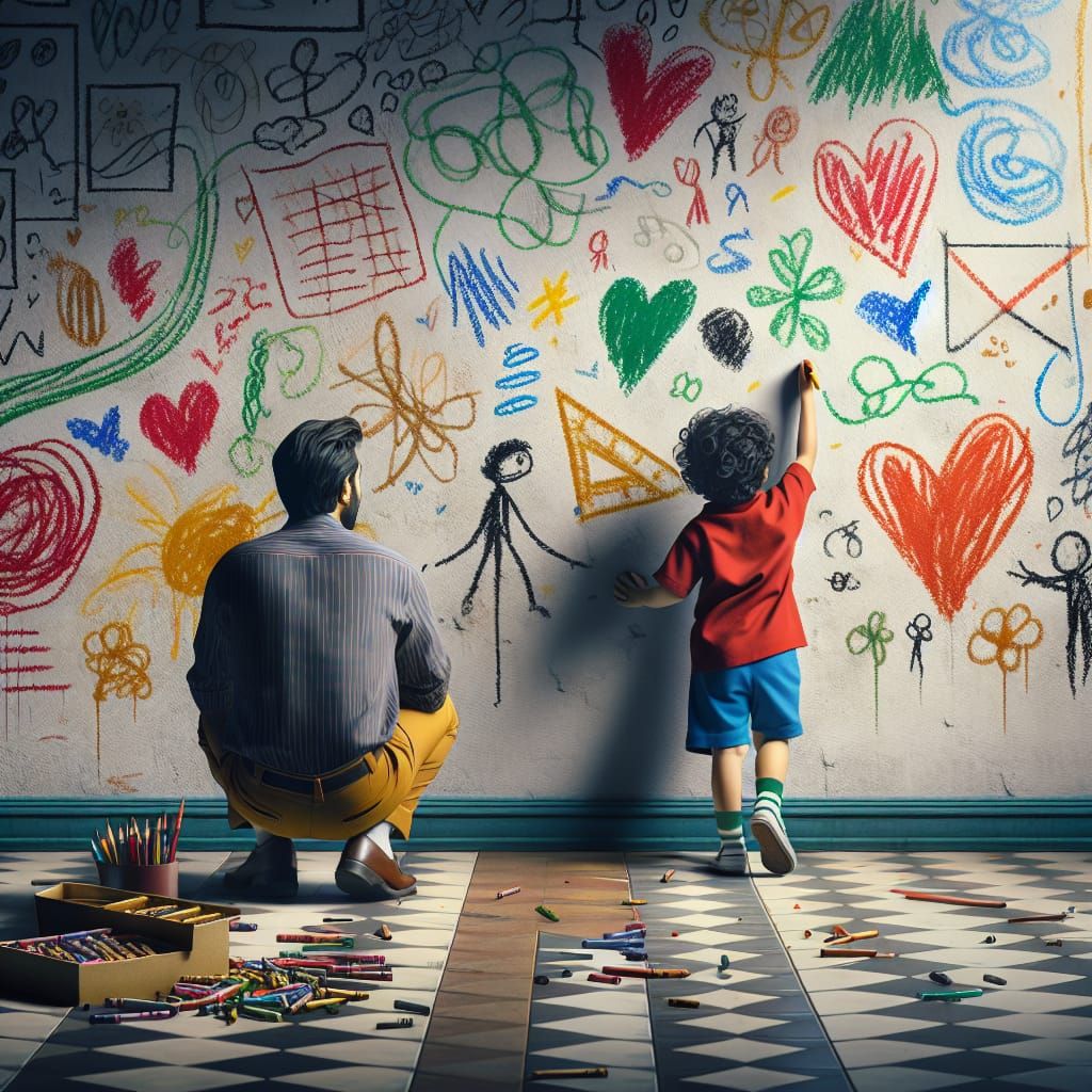 Child's Colorful Wall Art: A Heartwarming Scene