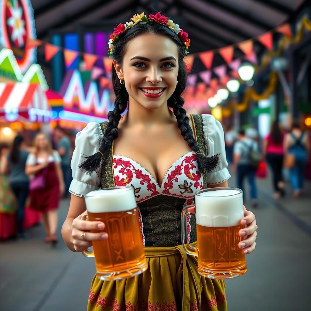 Oktoberfest Woman with Beer Mugs in Festive Photo