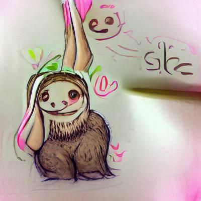 Cute Sloth with Bunny Ears in Doodle Art