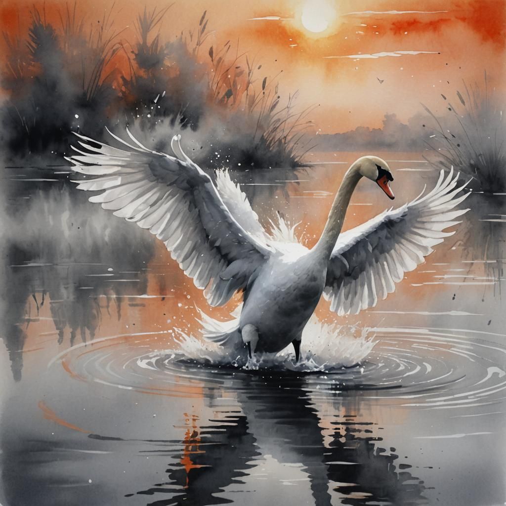 White Swan Landing in Watercolor Sunset
