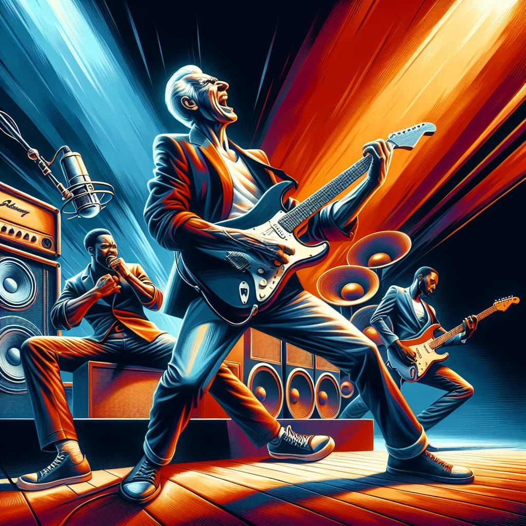Dynamic Guitarists on Stage in Vibrant Lighting